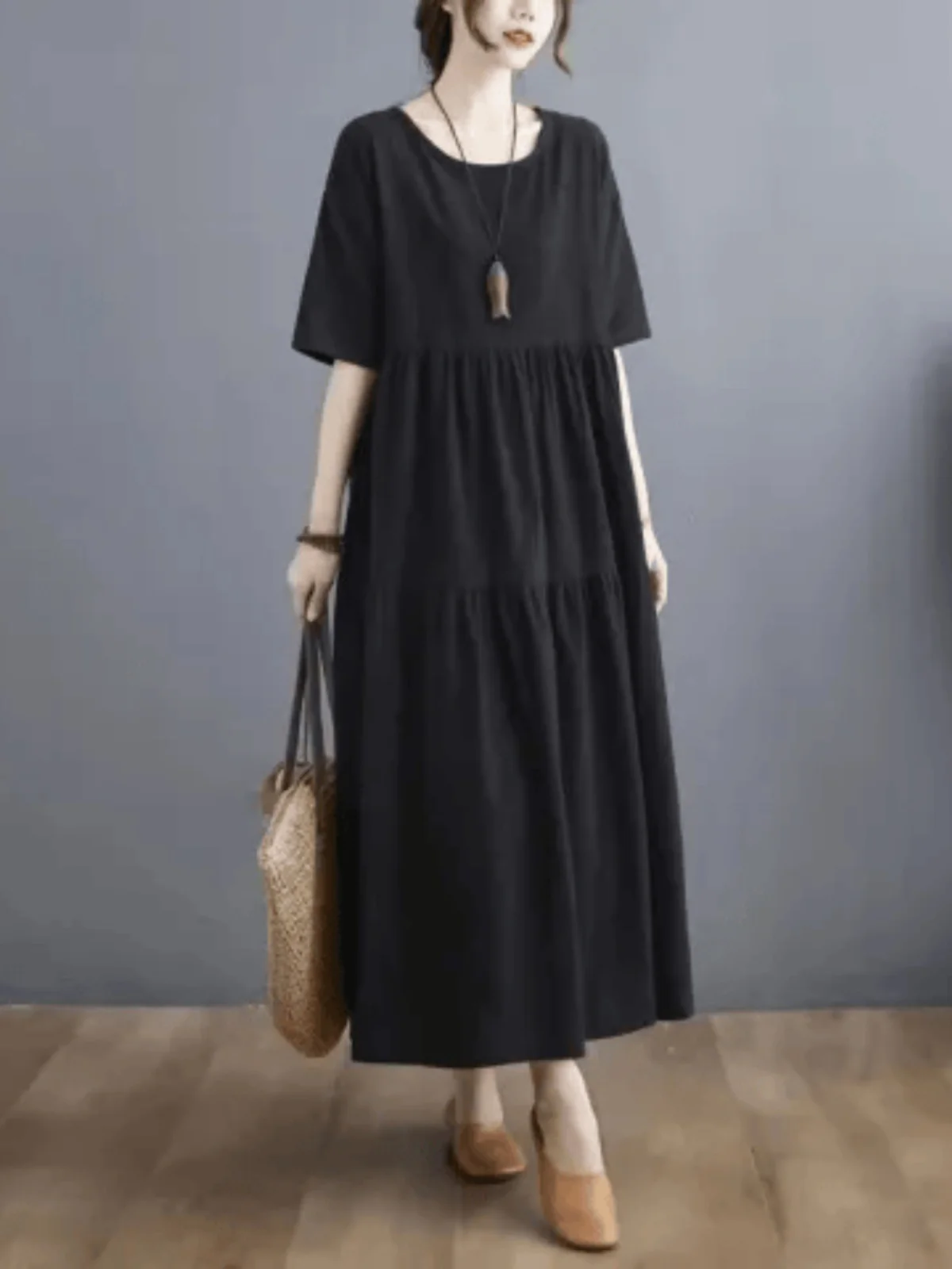 Loose Cotton Linen Short Sleeve Dress for plus Size Women Comfortable Bridesmaid Dress Korean Style Casual Summer Dress