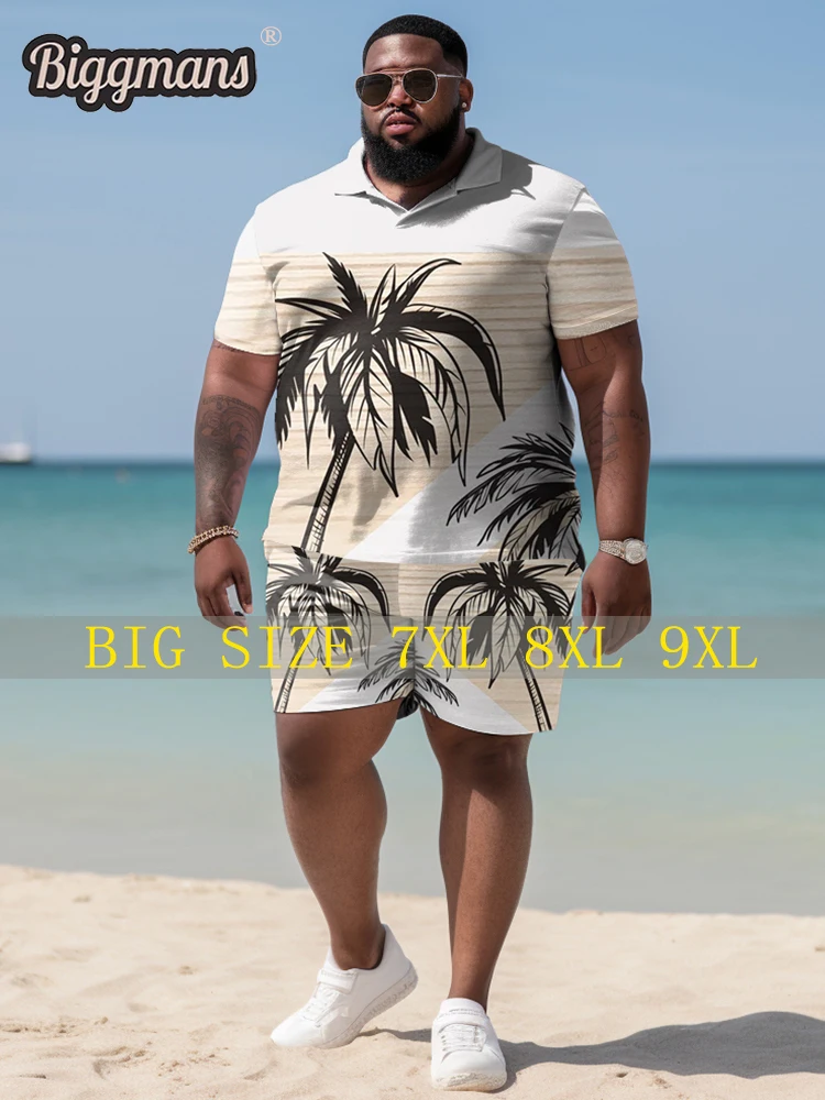 Biggmans Fashion Big And Tall Shirt Set For Summer Beach Men\'s Clothing Short -sleeved shorts Leisure Sports Man Plus size