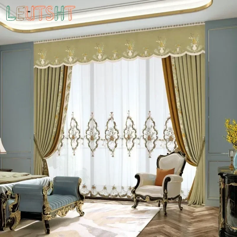 Custom size Luxury Fabric Curtains for Living Dining Room Bedroom French American High Shading Velvet Embroidered Curtain