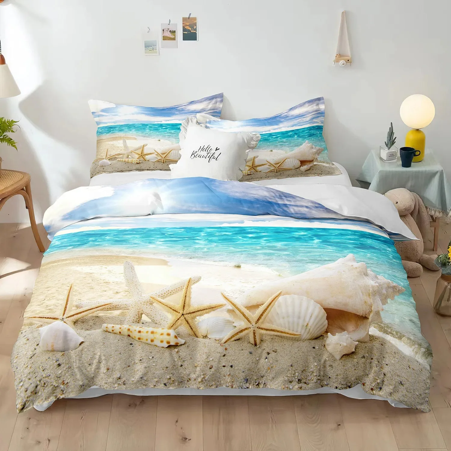 Beach Duvet Cover Set Polyester Bedding Set with Ocean Starfish Drifting Bottle Print Pattern Comforter Cover for Kid Adult Boys