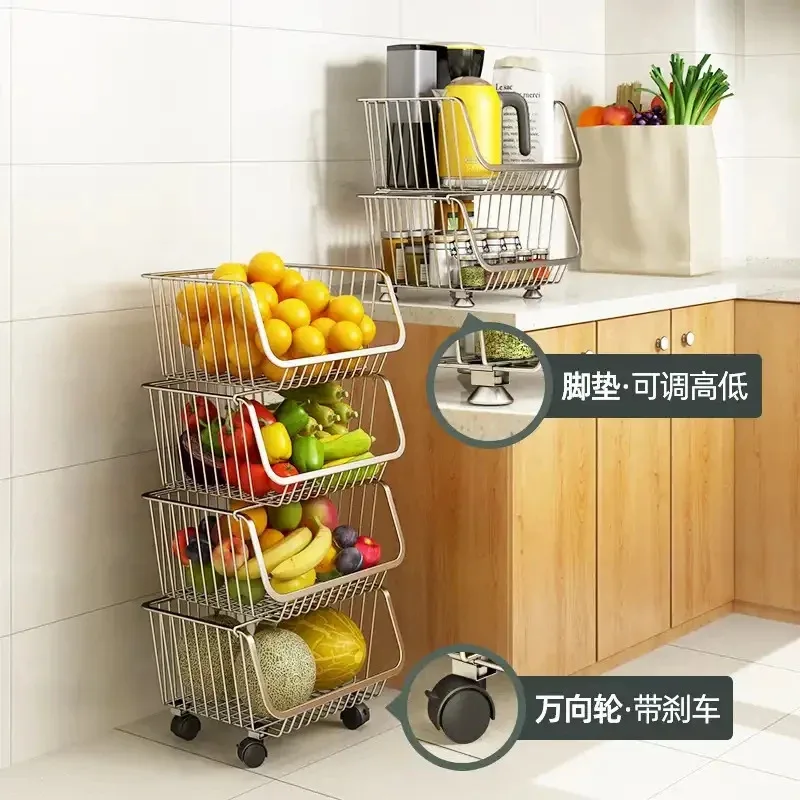 Kitchen Storage Racks Floor Multi-layer Cart Home Vegetable Storage Rack Vegetable Basket 304 Stainless Steel Fruit Storage Rack