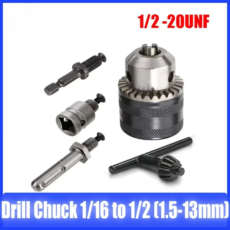 1.5-13mm Converter 1/2 20UNF Key Drill Chuck Thread Quick Change Adapter SDS 1/4 Impact Driver Wrench Bit Connecting Rod Hex