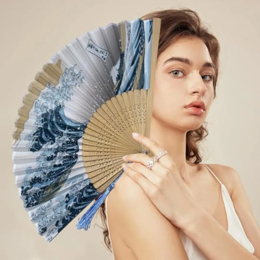 Japanese Design Fan Hand Portable Bamboo Fans Frames for Dancing Silk Bamboo Cosplay Wedding Party Decoration Sea Waves Multico