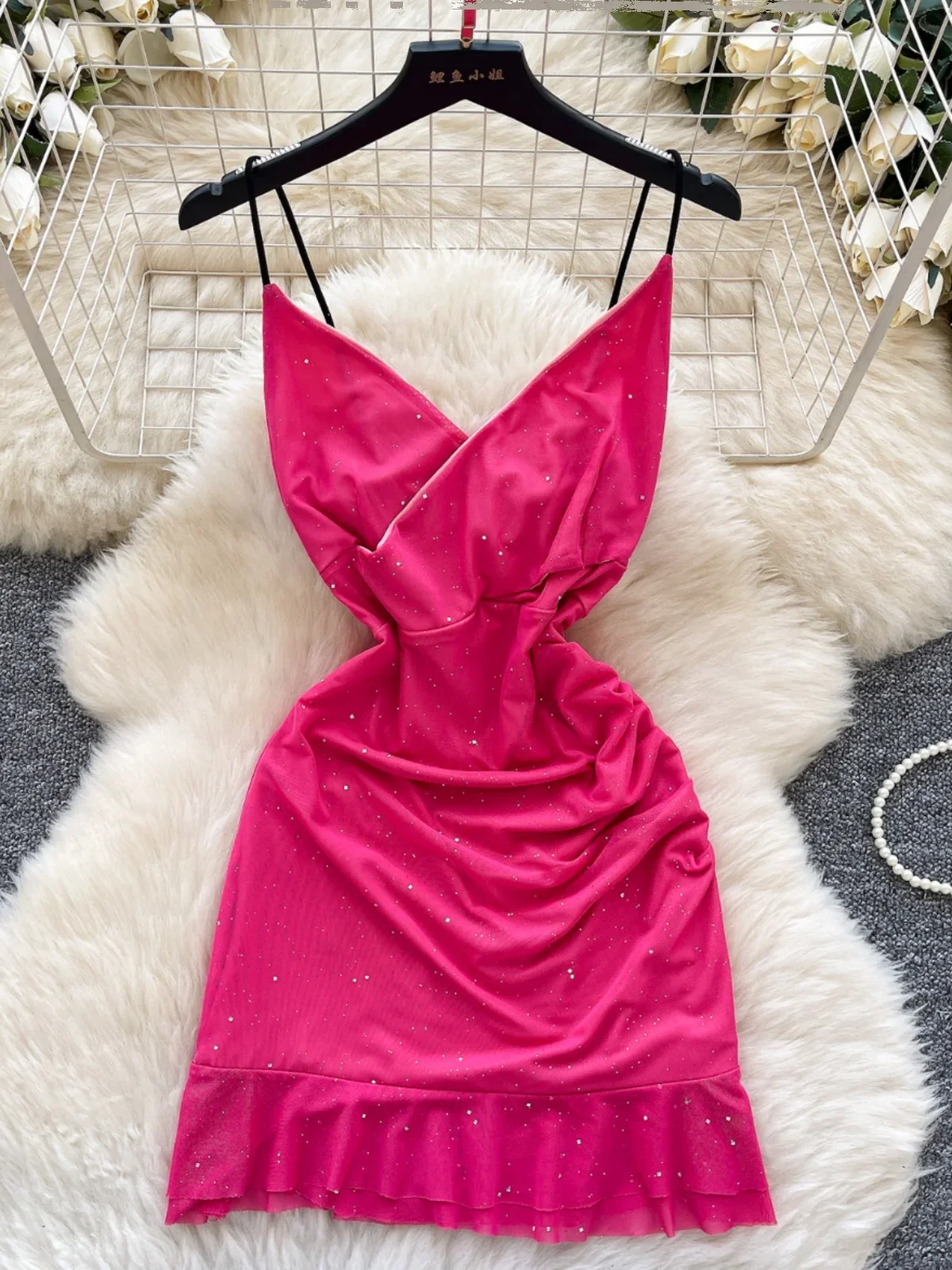 

SsTss Sexy V-Neck Breast Suspender Sparkling Pleated Dress Girls Pink Lotus Leaf Short Dress 2025 Spring Summer