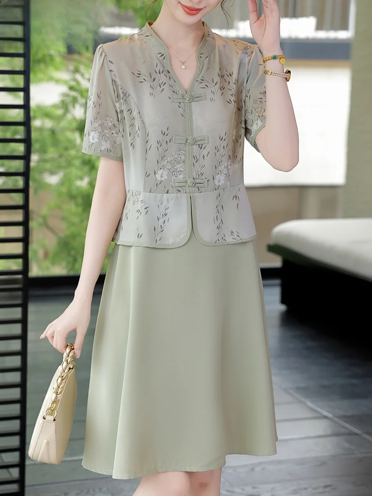 

Новая китайская летняя модная шифоновая юбка миди с коротким рукавом для женщин среднего возраста из полиэфирного волокна