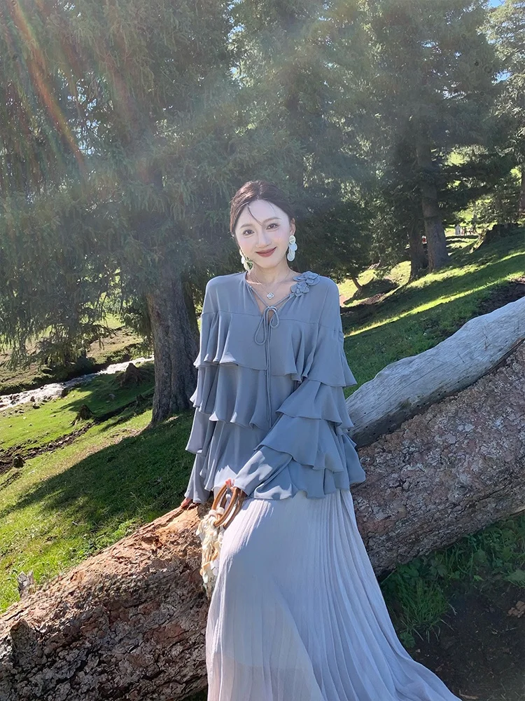 

Женская повседневная блузка-накидка Tina Fairy с кружевной отделкой, двухцветная, дышащая, комфортная, с длинным рукавом, V-образным вырезом, свободного кроя, для работы и повседневной носки