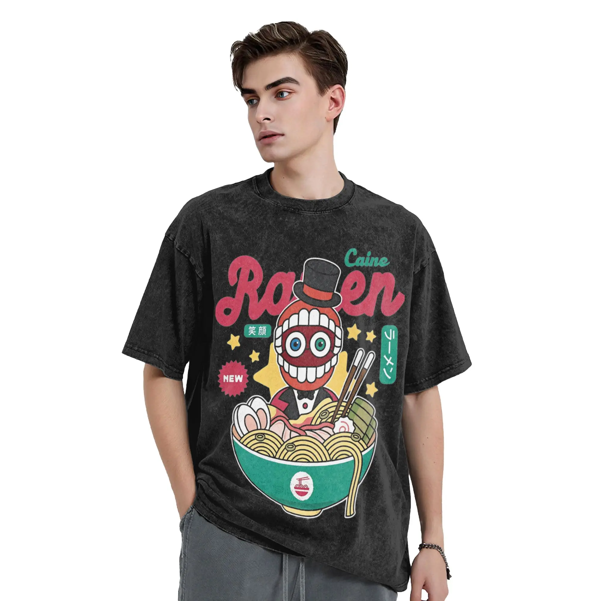 Ringleader Caine Ramen Washed T Shirt Streetwear Vintage T-Shirts Cartoon Digitals Circus Tee Shirt Men Women 100% Cotton Summer