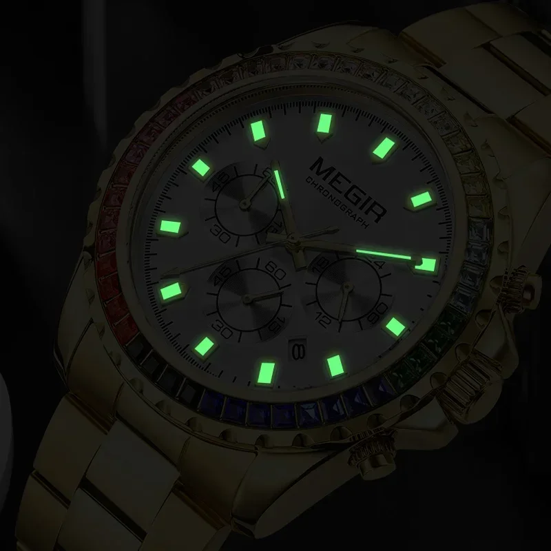 Relojes MEGIR cronógrafo de cuarzo para hombre a la moda con manecillas de diamantes de imitación fecha correa de acero inoxidable reloj de pulsera analógico negro para hombre