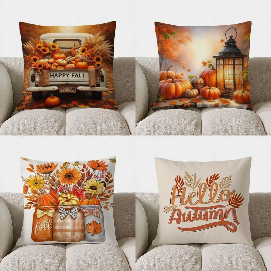 Home Decor Pumpkins with Spots and Autumn Leaves Pillow Pattern Cushion Cover Suitable for Sofa Bedroom Car Pillow Cover