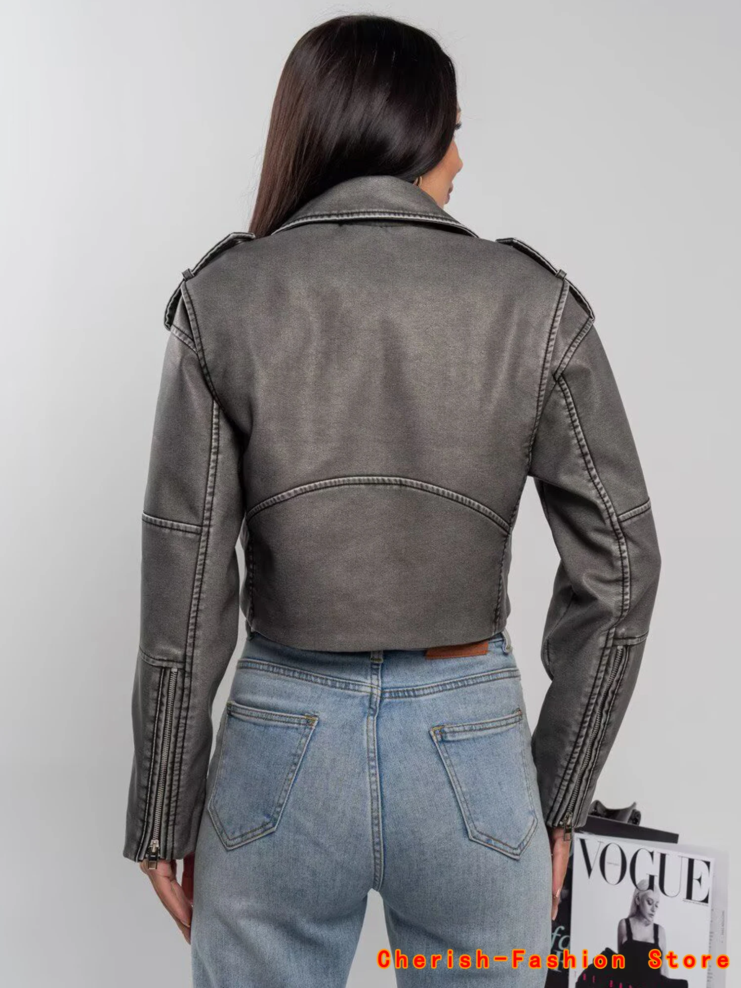 2025 New Style Women's Washed Leather Jacket Brand Coat, Short Coat With Downgraded Zipper And Vintage Lapel Jacket Brown Jacket