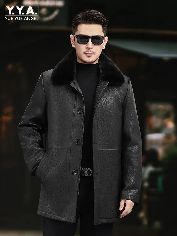 

Luxury Men Winter Real Mink Fur Lining Sheepskin Genuine Leather Long Jacket Slim Fit Business Man Work Top Quality Overcoat 5XL
