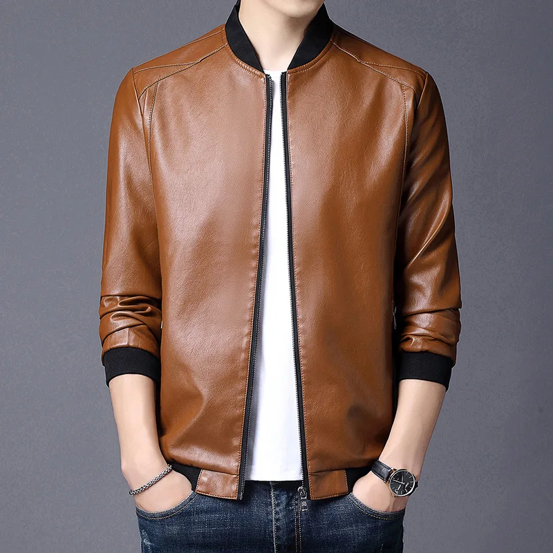 2026 Men Jacket Smooth Faux Leather Spring Jacket Solid Color Elastic Cuff Men Coat Slim Stand Collar Cardigan Jacket Daily Wear