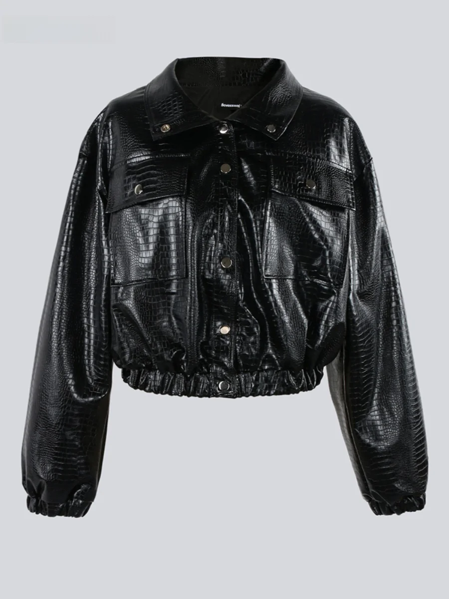 Nerazzurri Cool Handsome Short PU Leather Jacket Women's 2023 Spring Autumn New Crocodile Pattern Biker Style Fashionable Coat