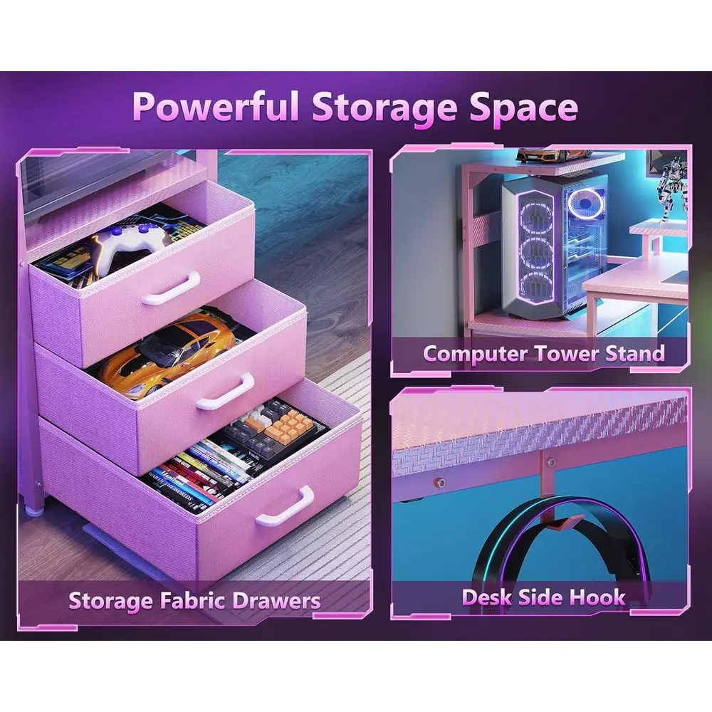 52 LED 게이밍 책상, USB 포트, 양면 사용 가능, 수납 선반 및 모니터 스탠드 포함, 모던 카본 파이버 핑크 책상, 패브릭 서랍 포함