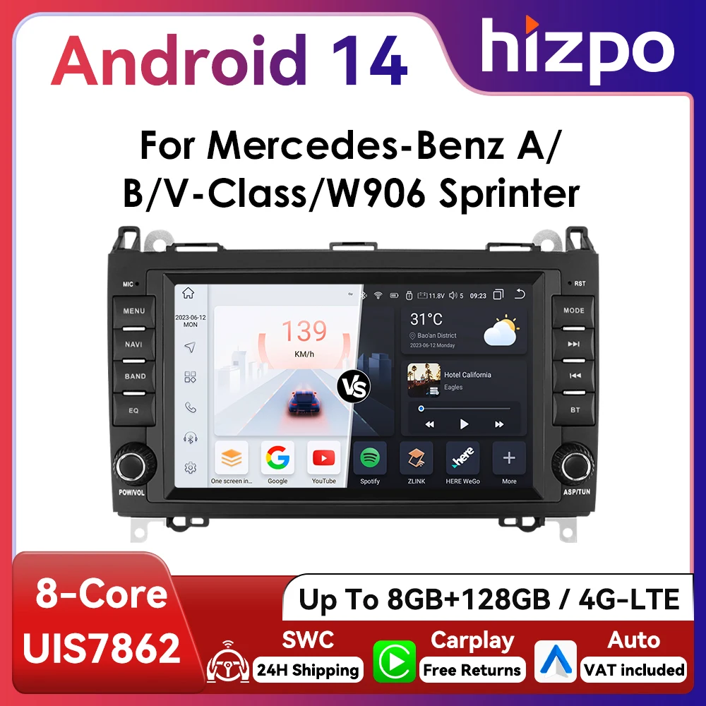 Autoradio Android 8" Hizpo 2Din per Mercedes Benz B200 Classe B W169 W245 Viano Vito W639 Sprinter W906 DSP RDS BT 4G CarPlay SWC