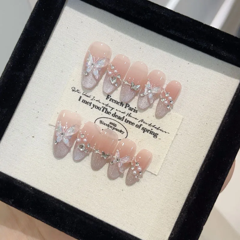 10 Stück Eiskristall Katzenauge Press on Nails Mandelnägel Glitzer Diamant Schmetterling Acryl Künstliche Nägel Französische Blume Falsche Nagelkunst