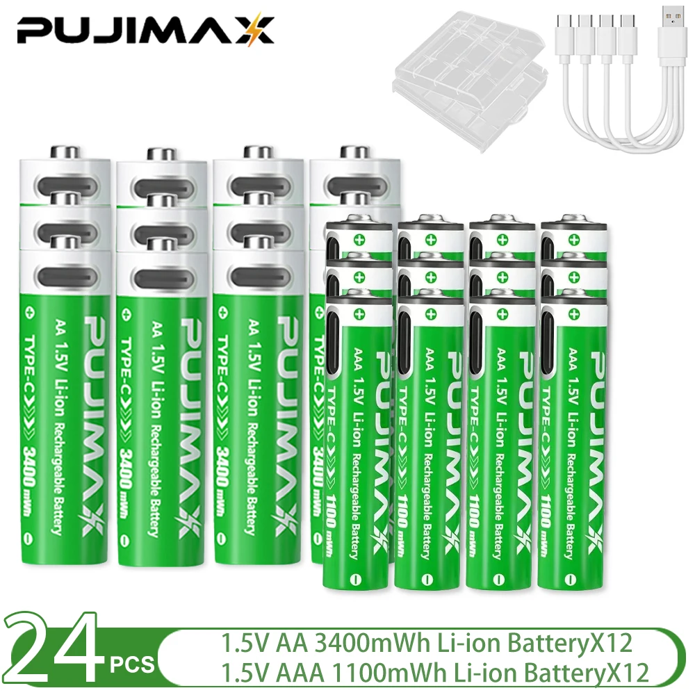 PUJIMAX 1,5 V AA en AAA oplaadbare lithiumbatterij 3400 mWh/1100 mWh, Type-C-poort Opladen worden hergebruikt 1500 keer voor wekkers - afbeelding 1