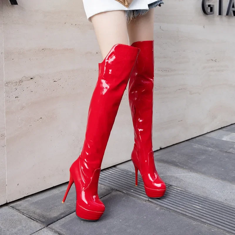

YMECHIC Сапоги выше колена из лакированной кожи из искусственной кожи, красные, белые, черные сексуальные сапоги выше колена на высоком каблуке-шпильке, зимняя обувь