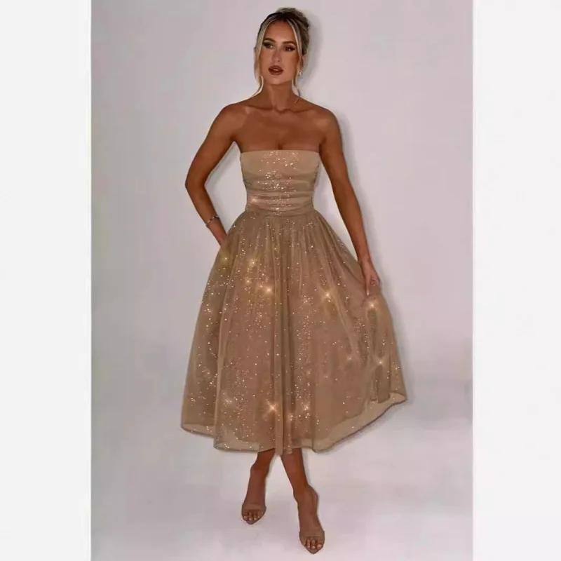 

2025Hot-Selling Summer Elegant Sweet and Spicy Solid Color Off-Shoulder Party Cocktail Dress with Fine Shiny Mesh Tight Waist