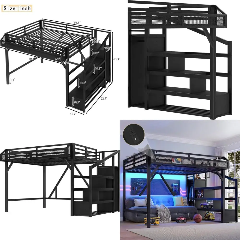 

Queen Size Metal Bed with LED, USB Ports, Storage Stairs, Open Wardrobe, Suitable for Kids and Adults, Black