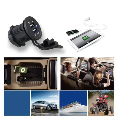 12V/24V Dual USB Car Charger Socket Waterproof 3.1A 5V Car Charger Power Outlet with LED Light for Car Motorcycle Marine Boat