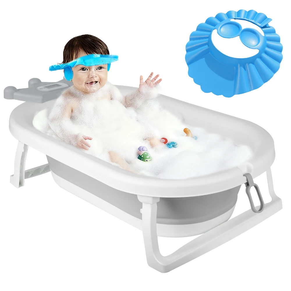 Zusammenklappbare Badewanne, geeignet für Babys von 0 bis 36 Monaten, ergonomisch und platzsparend, mit Wasserthermometer, Sitz und Bademütze, 82 x 43 x 20 cm, Grau, Bären-/Kronen-/Hasen-/Blattmuster.