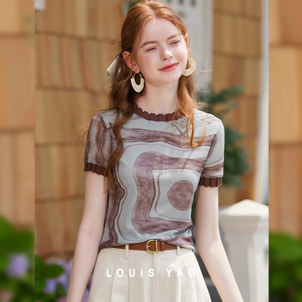 LOUIS YAO Fashion Printed Short Sleeve Shirts 2025 Summer New Basic Style Round Neck Shoulder Slightly Stretchy Women's T-shirt