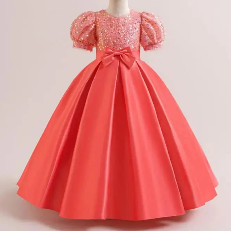 Teenage Girl Sequin Bow Patchwork Long Dress Piano Performance School Graduation Ceremony Fashionable and Grand Dress