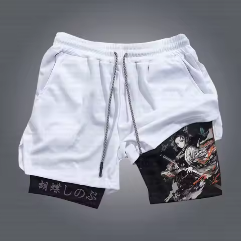 Demon Slayer 2025 Hot White Training Shorts Akaza Character Print with Red Snowflake Black Inner Lining Red Black Hair Pattern