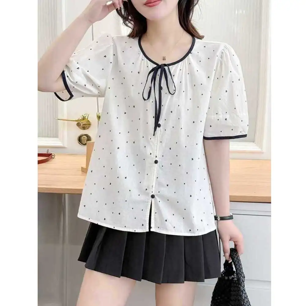 

Japanese Sweet Mori Girl Vintage Polka Dot Print Cotton Shirts Women Summer Lace Up O-Neck Short Sleeve Casual Loose Blouse Tops