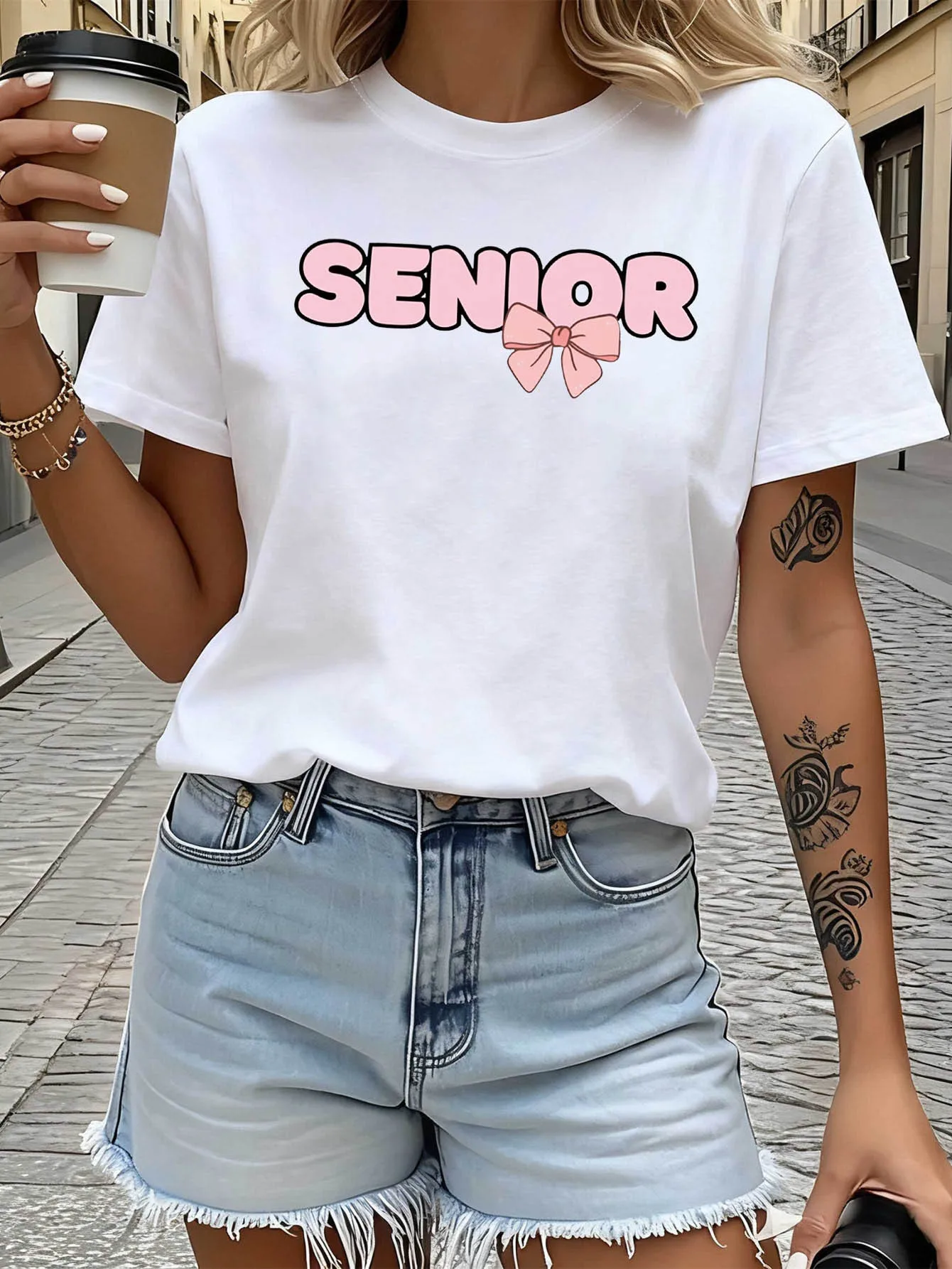 Women Senior Bow Print T Short Sleeve Blouse Graduation Lettering Tee Spring Summer Campus Outfit Machine Washable Dressy Top