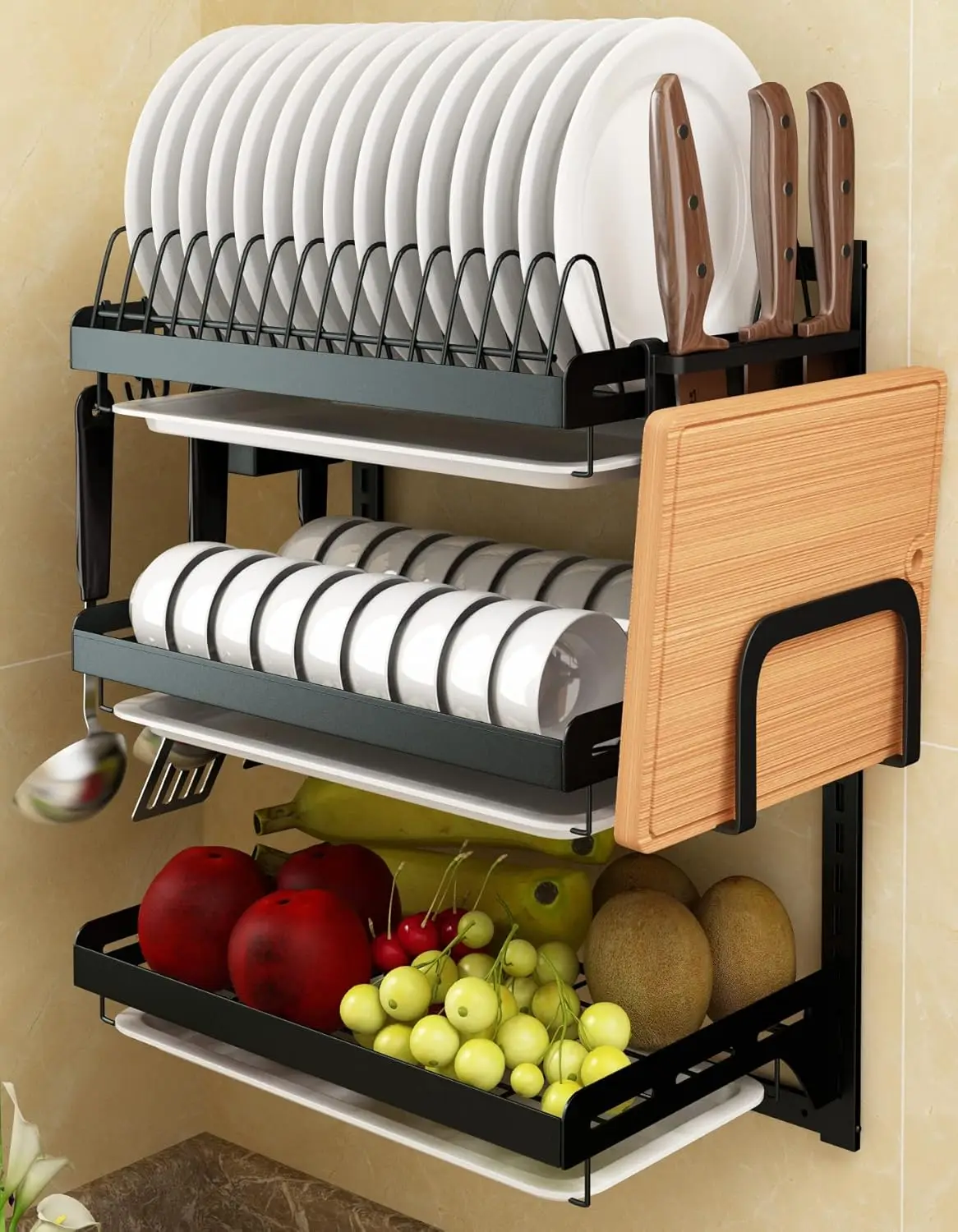 

Wall Mounted Stainless Steel Dish Drying Rack Fruit Vegetable Storage Basket with Drainboard and Hanging Chopsticks Cage Knife