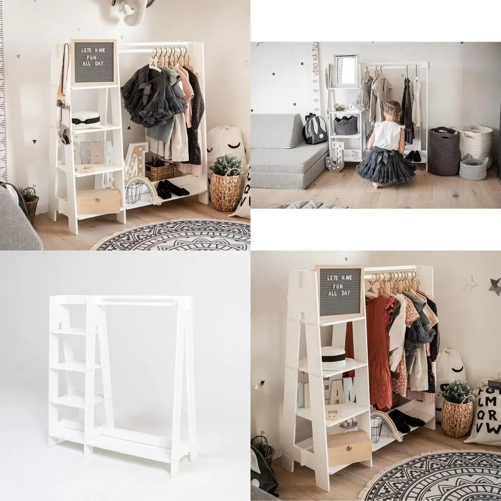Children's Wardrobe: White Wooden Clothes Rack with Hanging Rail & Shelves - DIY Easy Assembly for Kids' Rooms