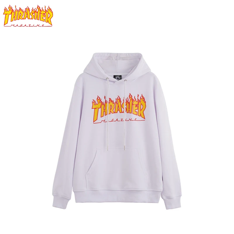 THRASHER Flame Yellow Fire Hoodie Fashion Men's and Women's Matching Loose Cotton and Fleece Hoodie