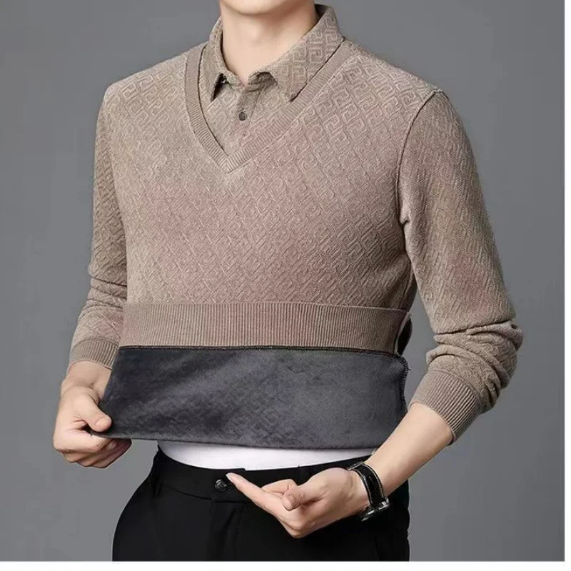 Korean Winter Chenille Fake Two Piece Polo Neck Sweater Middle Aged Men\'s Solid Fleece Thickened Button Patchwork Knit Warm Top