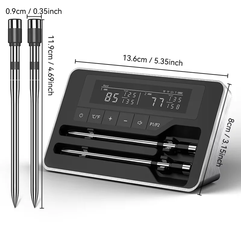 Slimme draadloze vleesthermometer met ultradunne sonde van 5 mm, Bluetooth-vleesthermometer met groot LCD-display voor BBQ-grill, oven