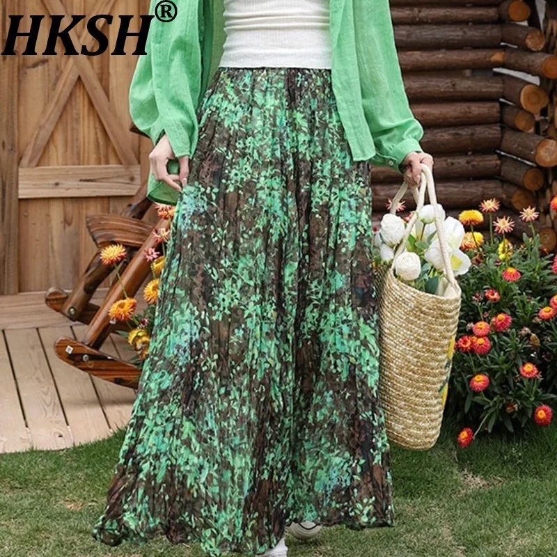 

HKSH весна-лето новая женская юбка с цветочным принтом плиссированная эластичная талия универсальная трапециевидная элегантная повседневная милая юбка HK17035