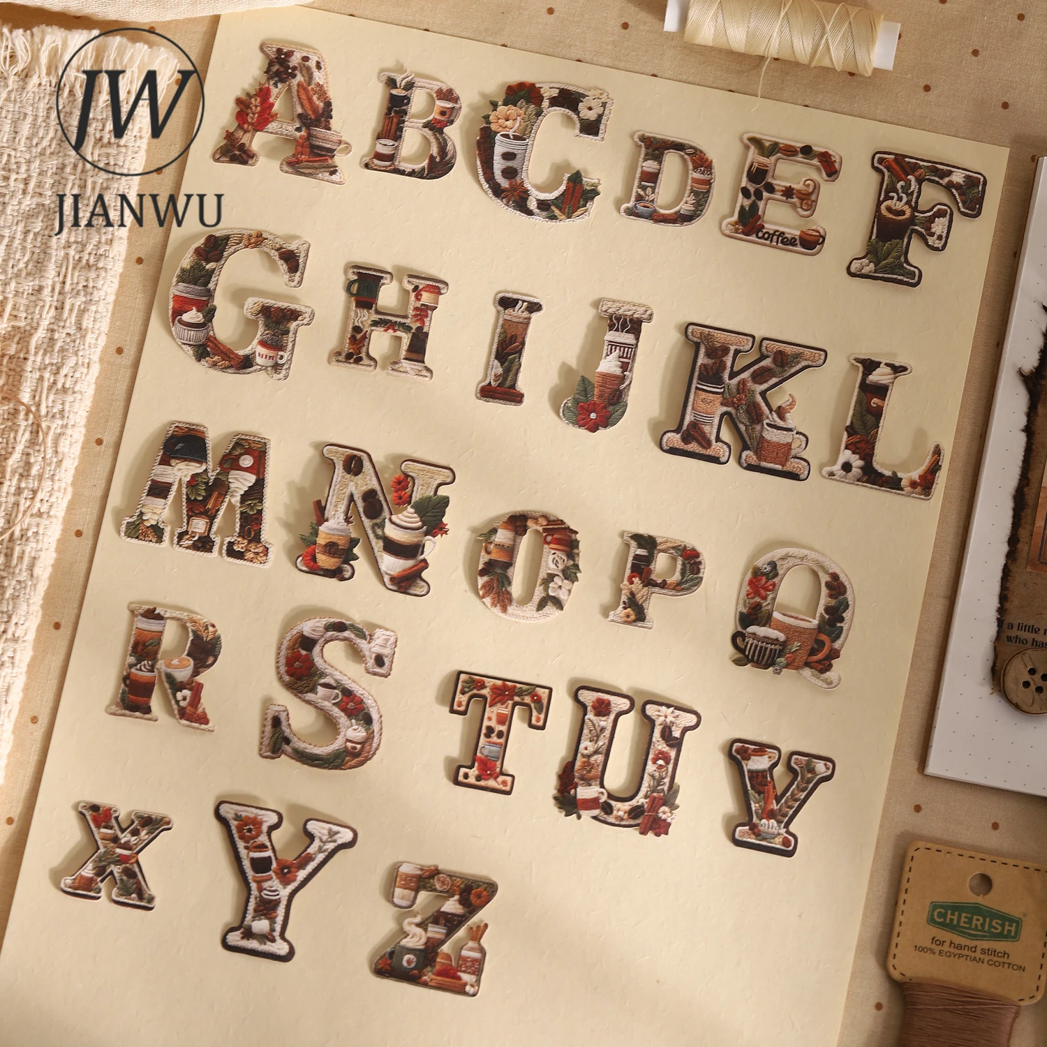 JIANWU Alphabet Weaving Series Vintage Flower Embroidery Number Landscape Material Collage Sticker Creative Journal Stationery