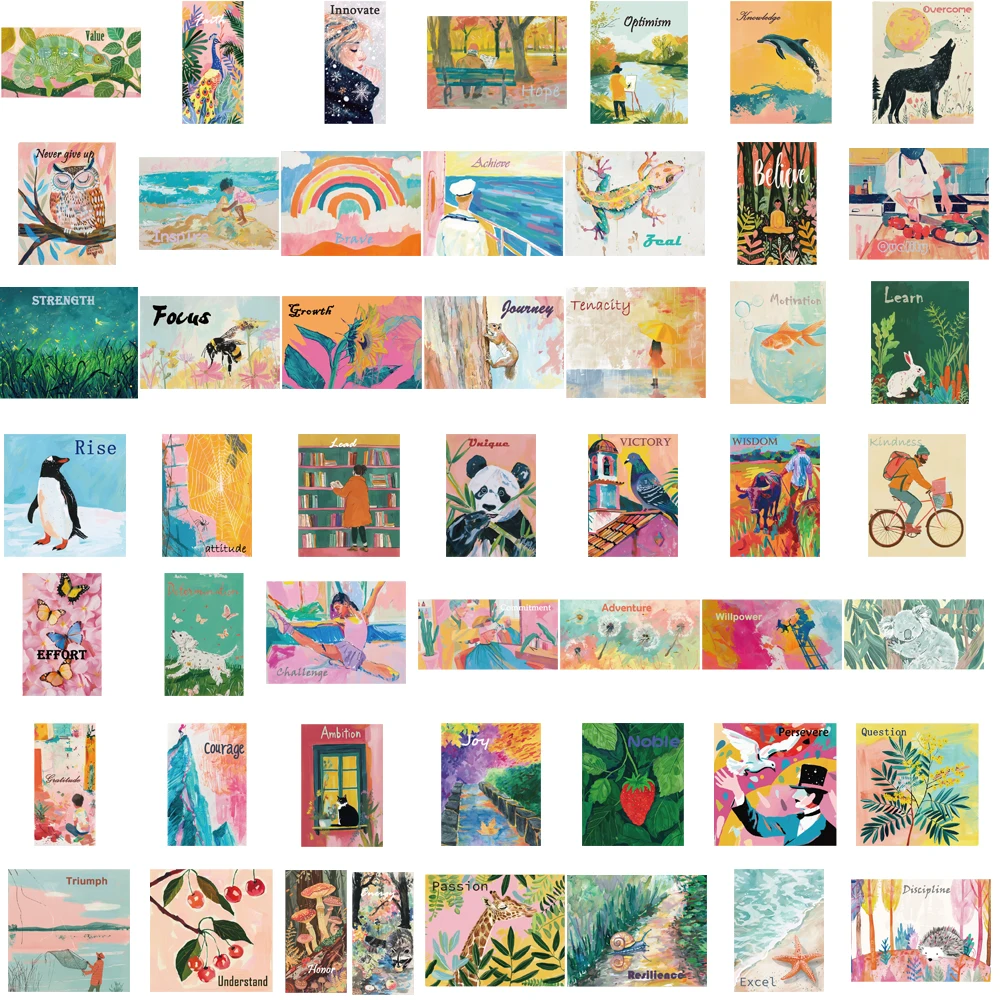 50 STKS Inspirerende Aquarel Art Posters Stickers Prachtige Notebook Esthetische Cafe Fiets Klassieke Woondecoratie Sticker ﻿