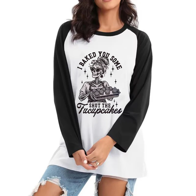 مضحك الخبز الهيكل العظمي والكب كيك طباعة طويلة الأكمام تي شيرت 90s الجرافيك Y2k تيز القمم المرأة جميع الفصول القوطية التي شيرت الملابس #1