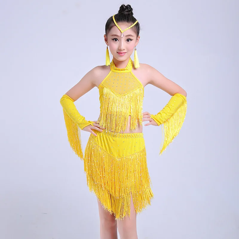 

Girls Fashion Stage Costume Dancewear Girl Cha Cha Salsa Tango Dance Outfit Children Sequin Latin Dance Tassel Dress