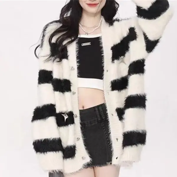 Cardigan Women Sweater 2025 New Fashion Faux Mink Spring Autumn Warm Loose Striped Knitted women's Sweater Clothing
