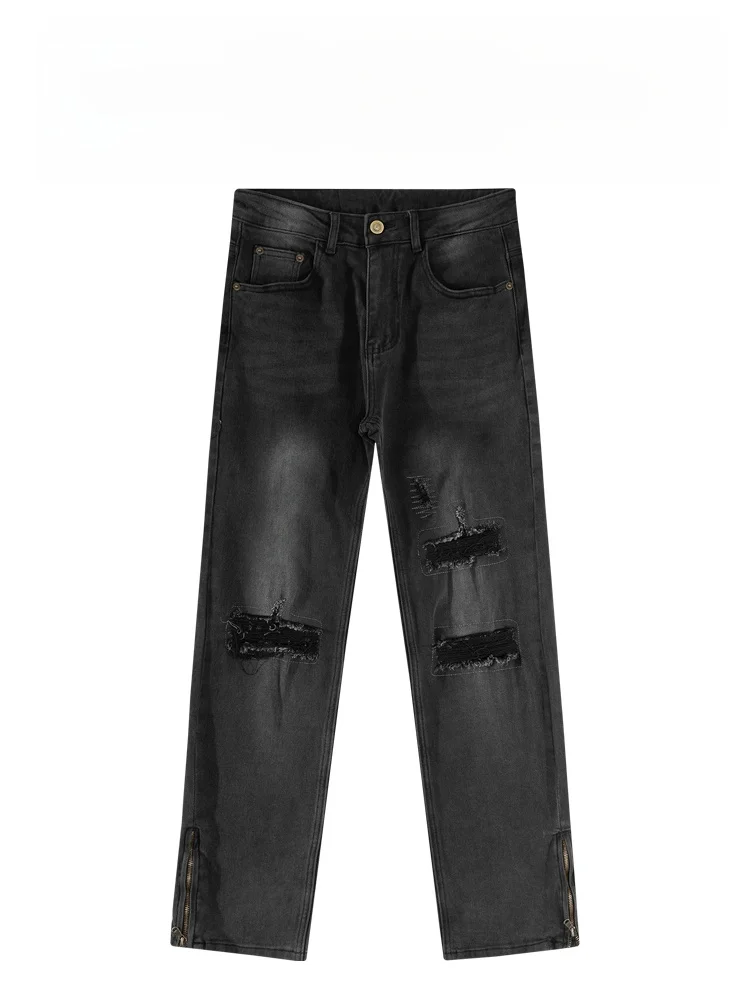 

Мужские джинсы BAIRBAOLIY: высококачественные, ретро, с эффектом потертости, на молнии, с разрезами, прямого кроя, повседневные, модные, городские, из смесового хлопка и полиэстера