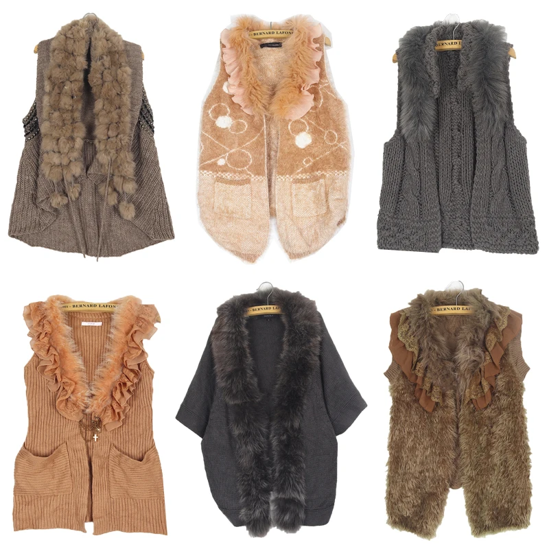 

Vintage Knitted Rabbit Fur Collar Sweater Vest Open Cardigan Y2K Streetwear Thiened Long Sve V-ne Women's Warm Tops