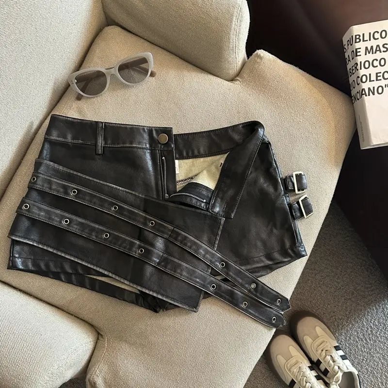 2026 New Retro Design Spice Girl Style Sexy A Word Super Shorts Pu Leather Shorts Skirts Women