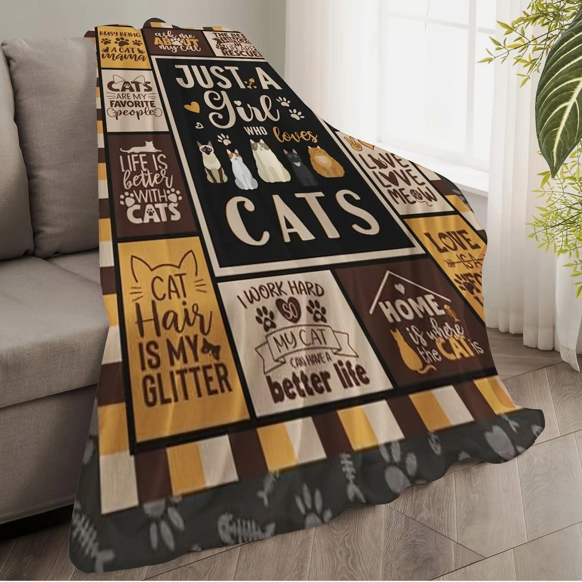 Blanket with Cat Pattern Text Checkered Printed Blanket Just for Cat Loving Girls for Cat Love Day Birthday for Your Friend Gift