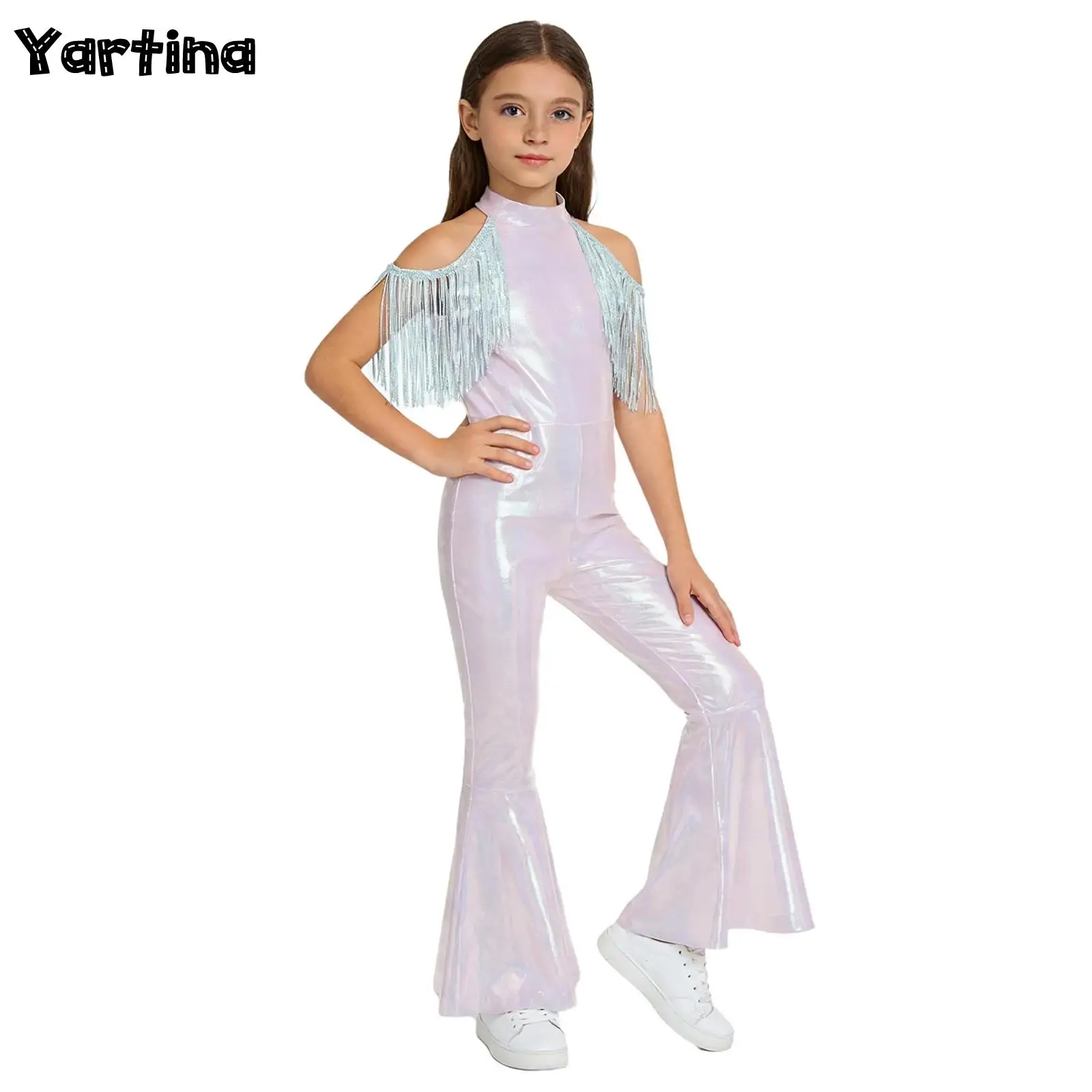 

Детский костюм для диско-джазовых танцев для девочек: комбинезон с пайетками, бахромой на рукавах, металлическим эффектом, воротником-стойкой и блестящими брюками-клешами