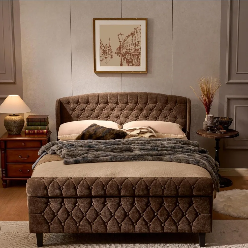 

Полноразмерный каркас кровати с саней и изголовьем на спинке, каркас кровати на платформе с обивкой из синели и изножьем, тафтингом на пуговицах