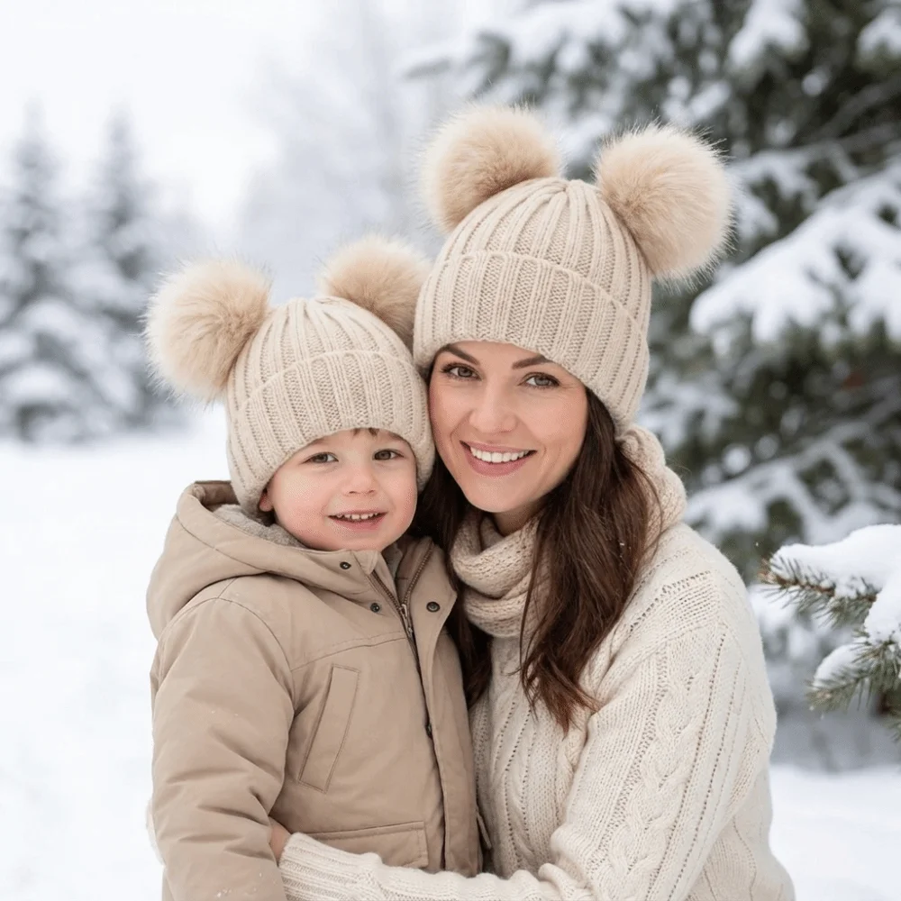 Cute Solid Color Baby Knitted Hat Faux Fur Ball Pompom Infant Beanie Windproof Warm Mother Pullover Cap Daily