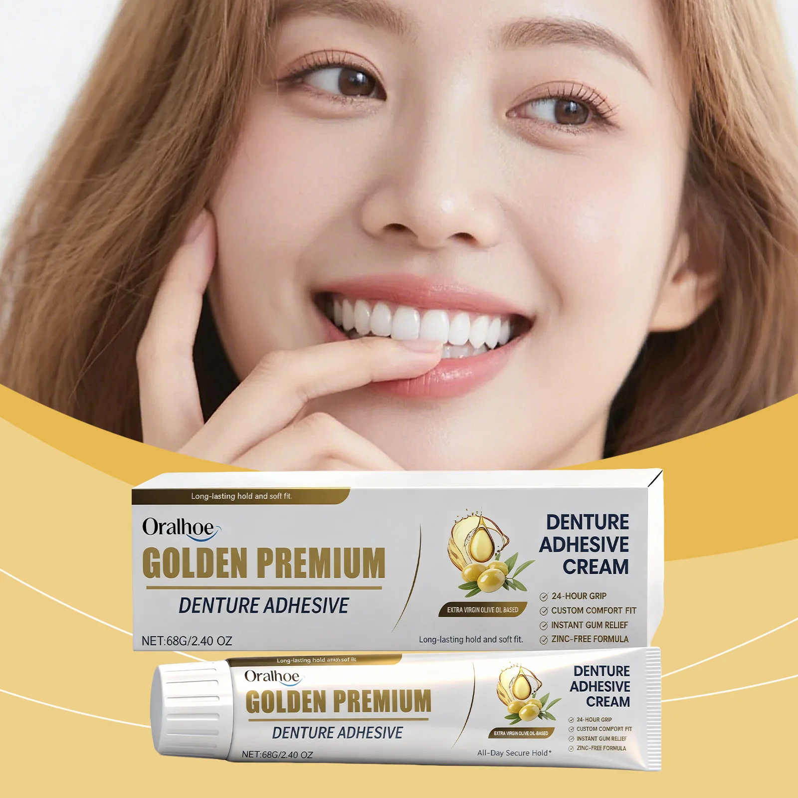 Oralhoe Golden Premium Denture Adhesive Cream Long Lasting Strong Hold Extra Upper Lower Dentures Fixative False Teeth Adhesive